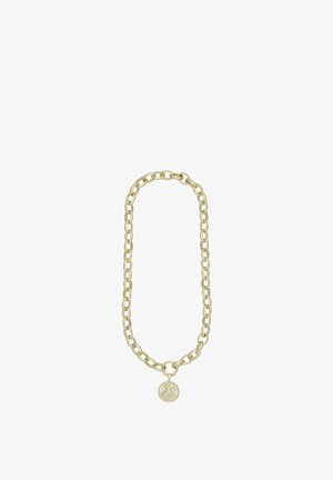 Gold-tone chain necklace with large oval links and a round medallion pendant featuring a raised figure design.