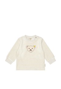 Maglione a righe a maniche lunghe in crema e beige con una morbida patch a forma di orsetto sul petto. Presenta un collo rotondo e chiusura con bottoni a pressione.
