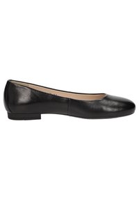 Black leather ballet flats with a rounded toe and low, textured heel. Smooth surface with a minimalistic design and no visible hardware.