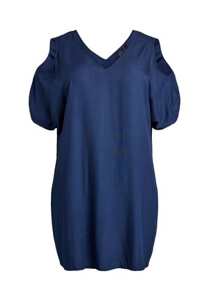 Marinblå topp med korta ärmar, V-ringning och utskurna axlar. Tillverkad av mjukt tyg med slät textur. Något lös passform.