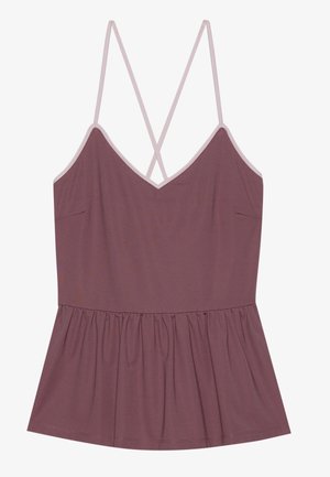 Mauve, mouwloos topje met een V-hals en dunne, gekruiste bandjes. Heeft een uitlopende, geplooide zoom en een gladde stoftextuur.