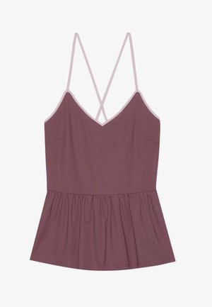 Lila bezrukávový top s hlbokým výstrihom do V a tenkými krížovými ramienkami. Má rozšírený, nariasený lem a hladkú textúru látky.