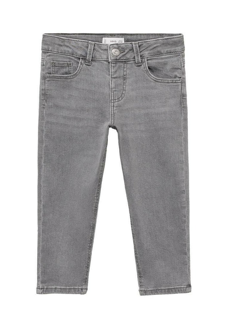 Pantaloni din denim gri, cu un design ajustat, stil cu cinci buzunare, închidere cu nasture și o ușoară decolorare. Textură netedă și tiv dreaptă.