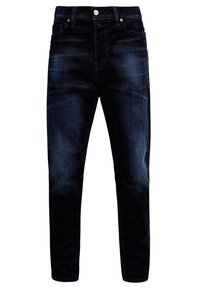 Jeans in denim blu scuro con taglio dritto, leggeri sbiadimenti, cinque tasche e chiusura con bottone in metallo. Nessun motivo o decorazione visibile.