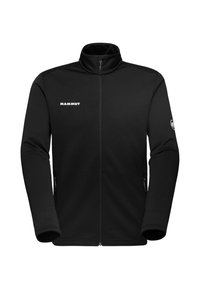 Schwarze Fleecejacke mit hohem Kragen, durchgehendem Reißverschluss und langen Ärmeln. Mit einem Logo auf der Brust und einem runden Logo auf dem Ärmel.