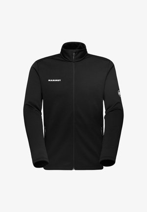 Schwarze Fleecejacke mit hohem Kragen, durchgehendem Reißverschluss und langen Ärmeln. Mit einem Logo auf der Brust und einem runden Logo auf dem Ärmel.