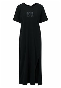 Czarna midi sukienka z krótkim rękawem, z mankietami, z bocznym rozcięciem oraz z logo "BOSS" nadrukowanym trzy razy w gradientowym czarnym kolorze na klatce piersiowej.