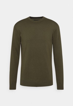 Olijf groene, lichte gebreide trui met lange mouwen, ronde hals en ribbels aan de onderkant. Eenvoudig ontwerp zonder patronen of versieringen.