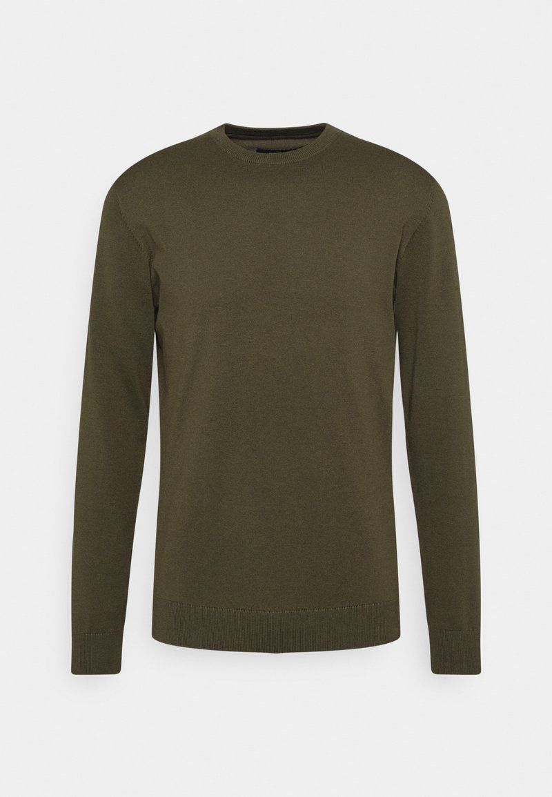 Maglione leggero a maglia color verde oliva, con maniche lunghe, scollatura rotonda e orlo a coste. Design semplice senza motivi o decorazioni.