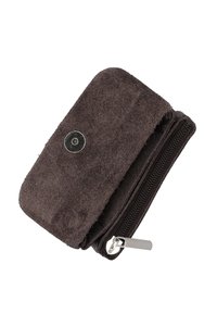 Dark brown suede wallet with a zip closure, silver snap button, compact rectangular shape, and soft texture.
