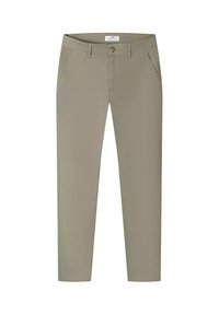 Beżowe legginsy o dopasowanym kroju, z przednimi kieszeniami, zapięciem na guzik i gładką fakturą.