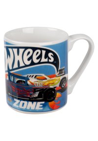 Tazza in ceramica bianca con sfondo blu, logo "Hot Wheels", illustrazioni di auto e dettagli di fiamme. Manico a destra.