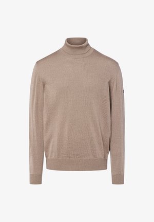 Beige turtleneck sweater made of soft knit material. Features long sleeves and ribbed cuffs and hem. Simple, seamless design with no patterns.