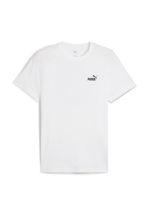 Camiseta blanca de manga corta hecha de una tela suave, con un pequeño logo negro de Puma en el pecho. Diseño clásico de cuello redondo y corte recto.