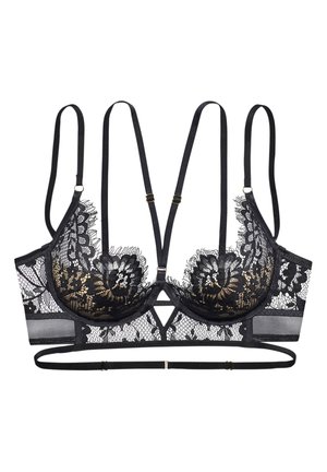 Zwarte kant bralette met gouden accenten, voorzien van een bloemenpatroon, verstelbare bandjes en een geometrische uitsparing aan de voorkant.
