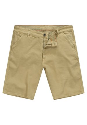 Beige shorts lavet af bomuldsblanding. Har bæltestropper, to frontlommer og lynlås. Let tekstureret stof med synlige syninger.