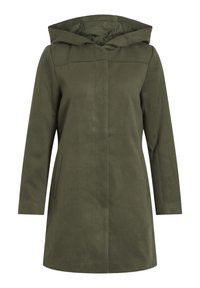 Olivgrön kåpa i medellängd med huva, tillverkad av mjukt tyg. Har en rak passform, långa ärmar och två sidofickor.