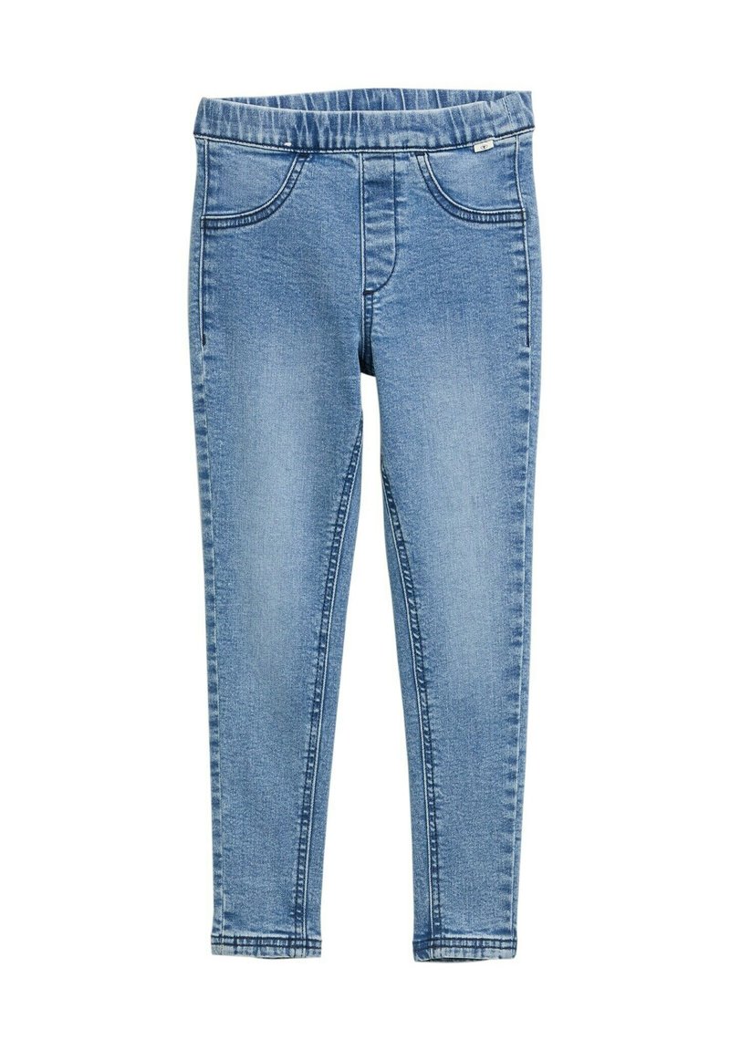 Svetlomodré denim legíny s elastickým pásom, vybavené štyrmi vreckami a štíhlym, zúženým strihom. Tkanina má hladkú textúru.