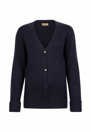 Dunkelblauer V-Ausschnitt-Cardigan mit langen Ärmeln, drei vorderen Knöpfen sowie gerippten Bündchen und Saum.