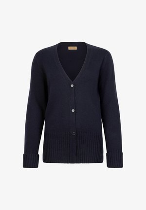 Mörk marinblå V-ringad kofta med långa ärmar, tre framknappar och ribbade mudd och nederkant.