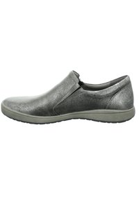 Silver slip-on shoe with textured metallic upper, rounded toe, elastic side panels, and light rubber sole. Simple design for easy wear.