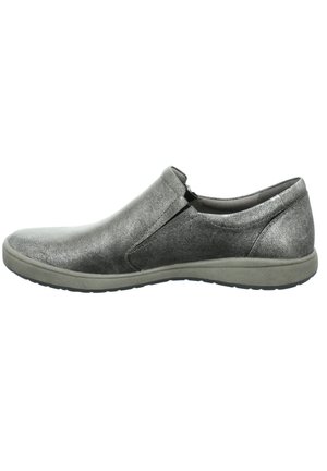 Silver slip-on shoe with textured metallic upper, rounded toe, elastic side panels, and light rubber sole. Simple design for easy wear.