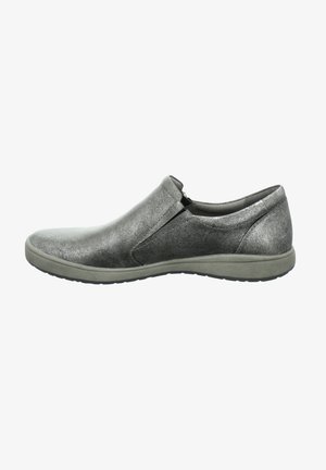 Silver slip-on shoe with textured metallic upper, rounded toe, elastic side panels, and light rubber sole. Simple design for easy wear.