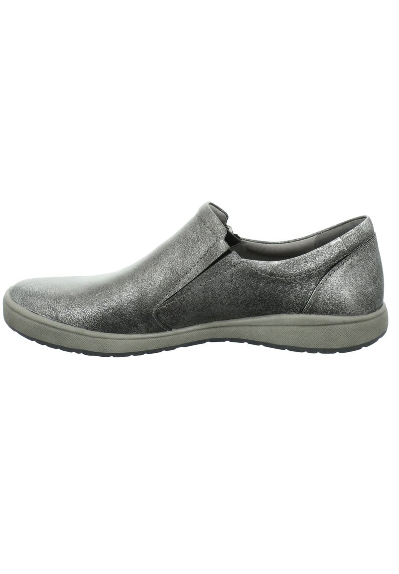 Silver slip-on shoe with textured metallic upper, rounded toe, elastic side panels, and light rubber sole. Simple design for easy wear.