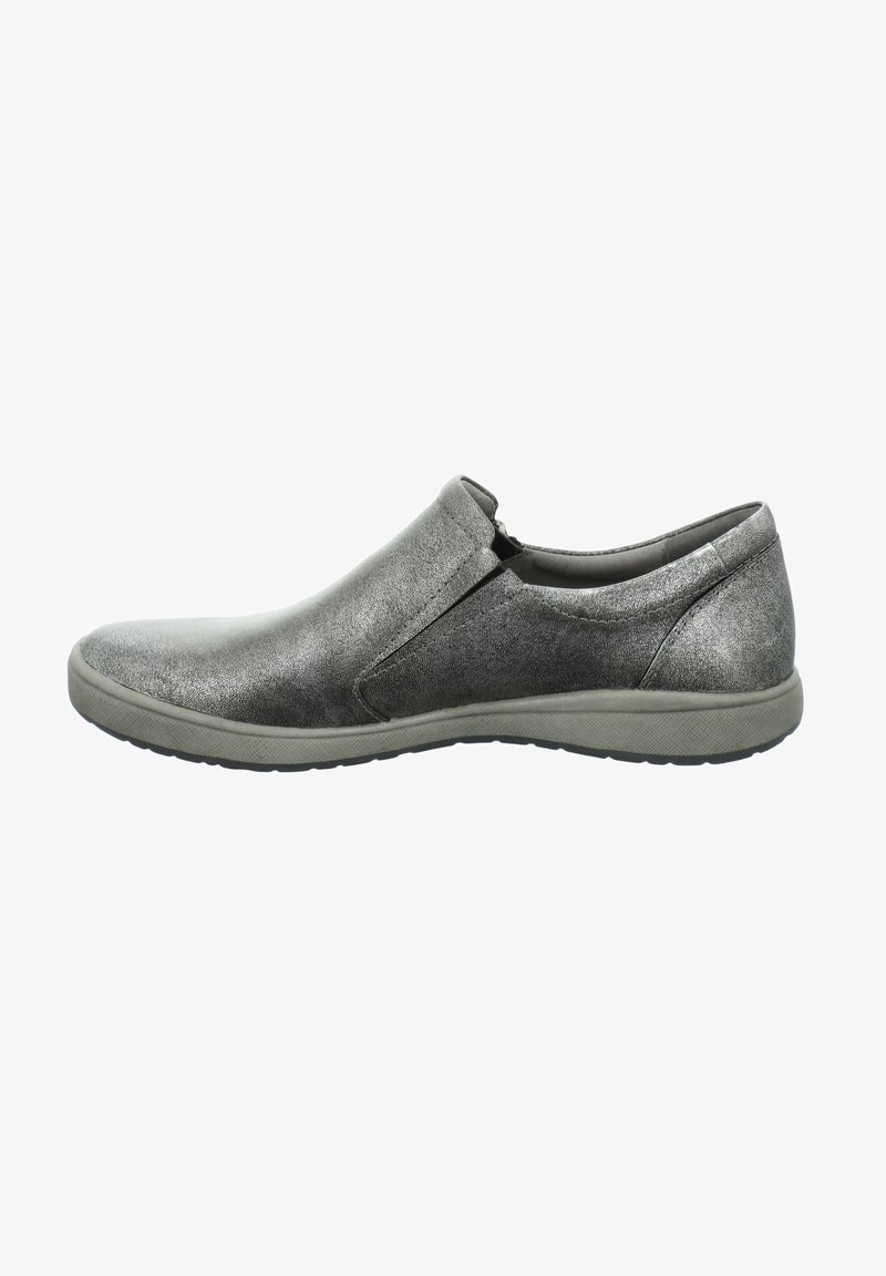 Silver slip-on shoe with textured metallic upper, rounded toe, elastic side panels, and light rubber sole. Simple design for easy wear.