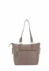 Gray leather tote bag with dual sturdy handles, zipper closure, front pocket, and metallic accents. Smooth texture with minimalist design.