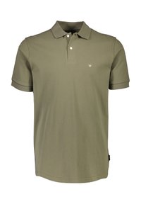 Olijfgroene polo shirt gemaakt van een katoenmix, met korte mouwen, een twee-knopenknoopsluiting en een klein geborduurd logo op de borst.