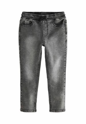 Pantaloni jogger in denim nero con vita elasticizzata, tasche frontali, una texture sbiadita e dettagli cuciti lungo le cuciture.
