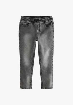 Sorte denim joggerbukser med elastisk talje, forlommer, en falmet tekstur og syet detaljer langs sømmene.