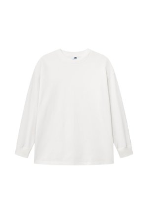 Koszula z długim rękawem, gładka, biała z okrągłym dekoltem, ściągaczami na mankietach i luźnym krojem, przedstawiona na białym tle.