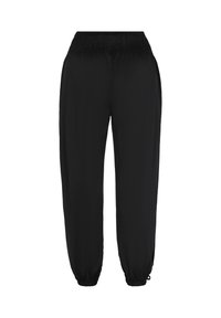 Schwarze, leichte Jogginghosen mit einem gerafften Bund und elastischen Bündchen an den Knöcheln, die für Komfort und legere Outfits entworfen wurden.