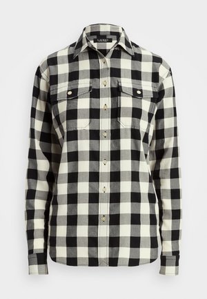 Koszula z długim rękawem na guziki w czarno-białą kratkę, z kołnierzykiem i dwoma zapinanymi na guziki kieszeniami na piersiach.