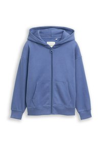 Blauer Kapuzenpullover mit einem Frontreißverschluss, zwei frontalen Taschen, gerippten Bündchen und einer weichen Textur, aus bequemem Material gefertigt.