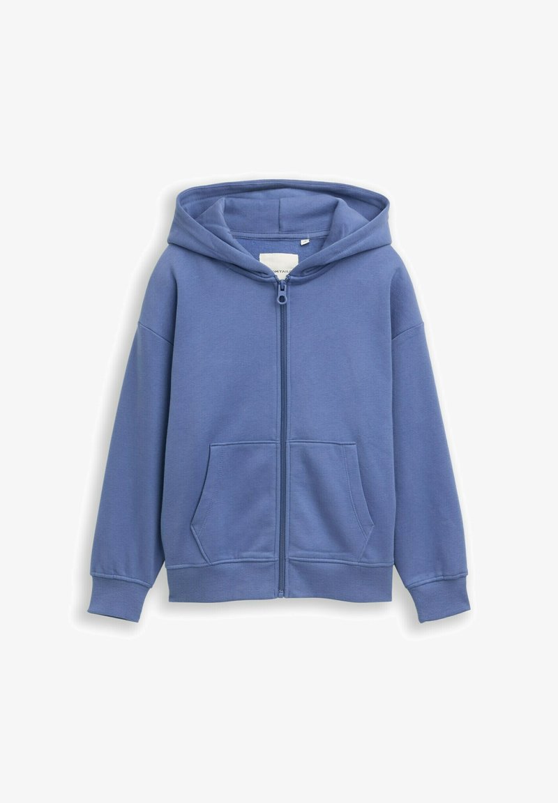 Blauer Kapuzenpullover mit einem Frontreißverschluss, zwei frontalen Taschen, gerippten Bündchen und einer weichen Textur, aus bequemem Material gefertigt.