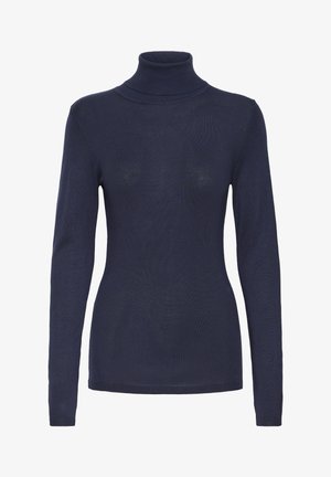 Navy-blauer Rollkragenpullover aus feinem Strickmaterial, mit langen Ärmeln und tailliertem Design, das einen gerippten Kragen und Saum aufweist.