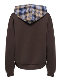 Sweat à capuche marron foncé à manches longues avec une capuche à carreaux bleu, noir et beige, vu de dos sur fond blanc.
