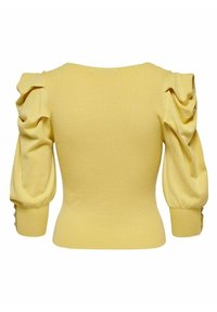 Yellow ribbed knit sweater with puffed 3/4 sleeves and button details on the cuffs, shown from the back.