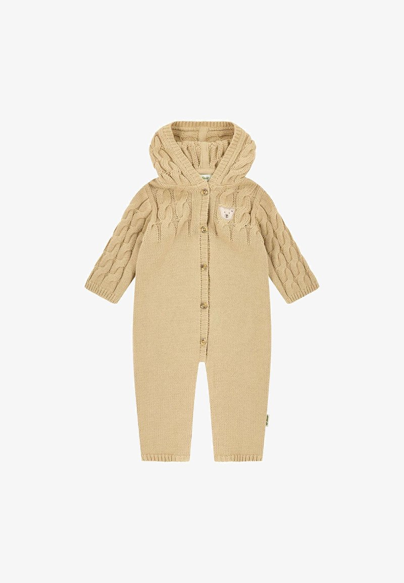 Jardín de bebé de punto beige con capucha, mangas de punto de cable, cierre de botones en la parte delantera y pequeño parche de oso de peluche en el pecho.