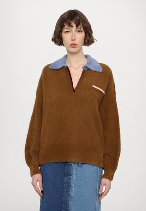 Pull à manches longues de couleur marron avec un col bleu clair, orné d'un accent rose sur la poitrine et d'un décolleté en V profond. Texture douce, coupe décontractée.