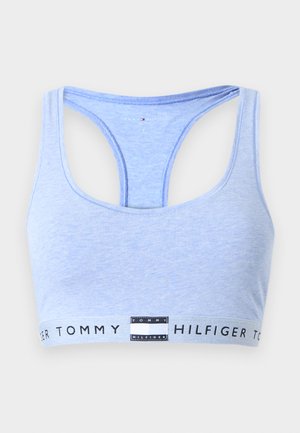 Világoskék Tommy Hilfiger sportmelltartó versenyhátraszabással és márkás elasztikus szalaggal alul.