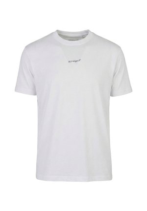T-shirt blanc à manches courtes et col rond avec un petit texte noir « KLEINIGKEIT » centré sur la poitrine.