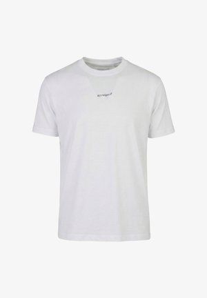 T-shirt blanc à manches courtes et col rond avec un petit texte noir « KLEINIGKEIT » centré sur la poitrine.