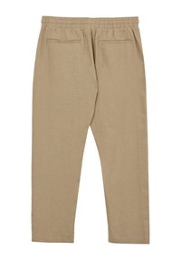Beige, leichte Hose mit einem elastischen Bund, zwei Gesäßtaschen, geraden Beinen und einem glatten, strukturierten Stoff.