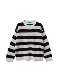 Černý a šedý pruhovaný pletený svetr s kulatým výstřihem a dlouhými rukávy. Texturovaná tkanina; uvolněný střih. Svislé pruhy se střídají v šířce.