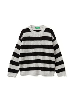 Maglione a righe nere e grigie, con scollo rotondo e maniche lunghe. Tessuto testurizzato; vestibilità rilassata. Le righe verticali alternano larghezze diverse.