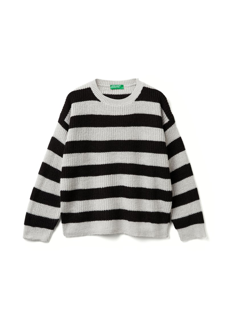 Černý a šedý pruhovaný pletený svetr s kulatým výstřihem a dlouhými rukávy. Texturovaná tkanina; uvolněný střih. Svislé pruhy se střídají v šířce.